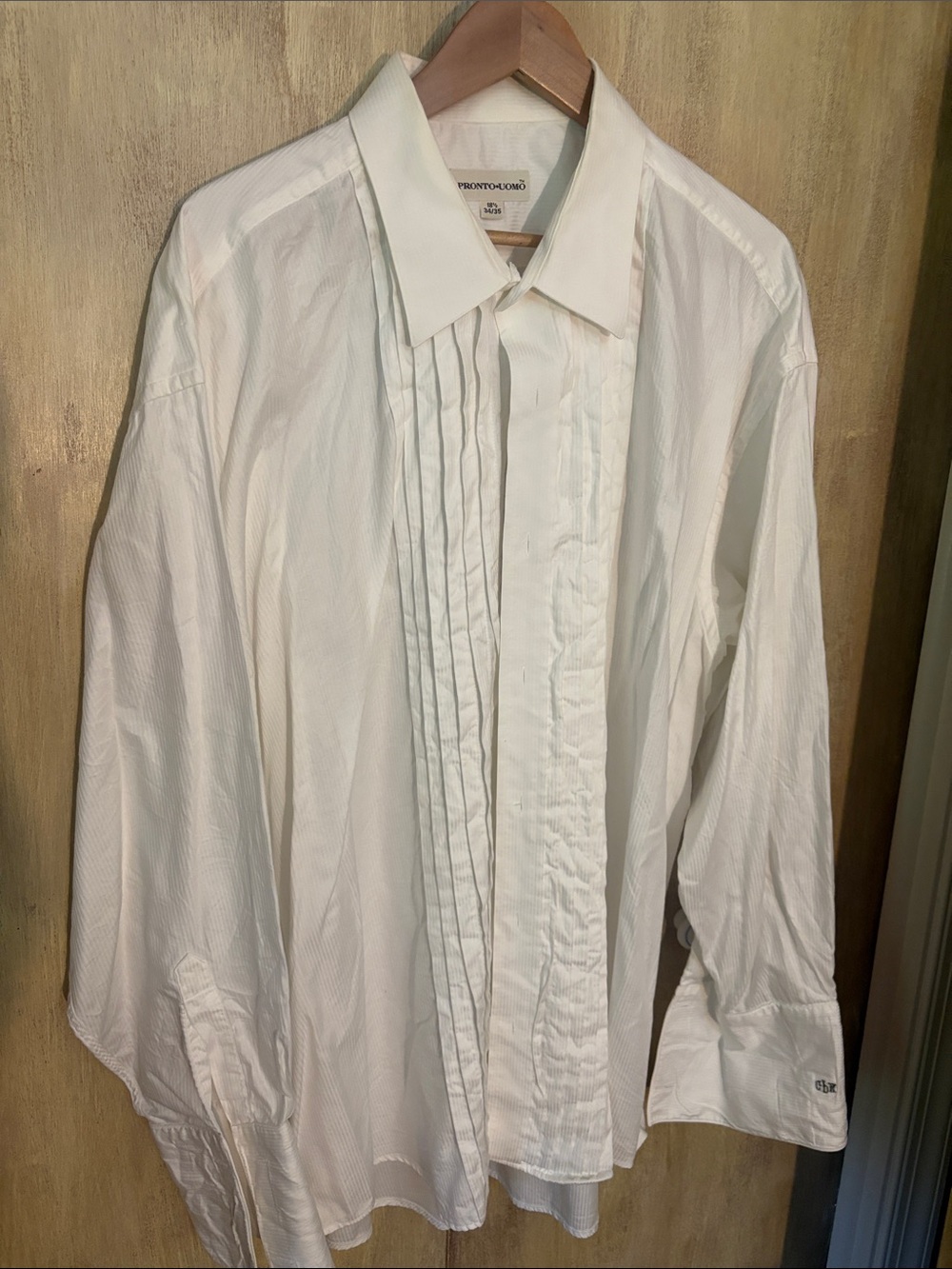 Pronto Uomo White Pleated Front Men's Tuxedo Dress Shirt French cuff 18 1/2